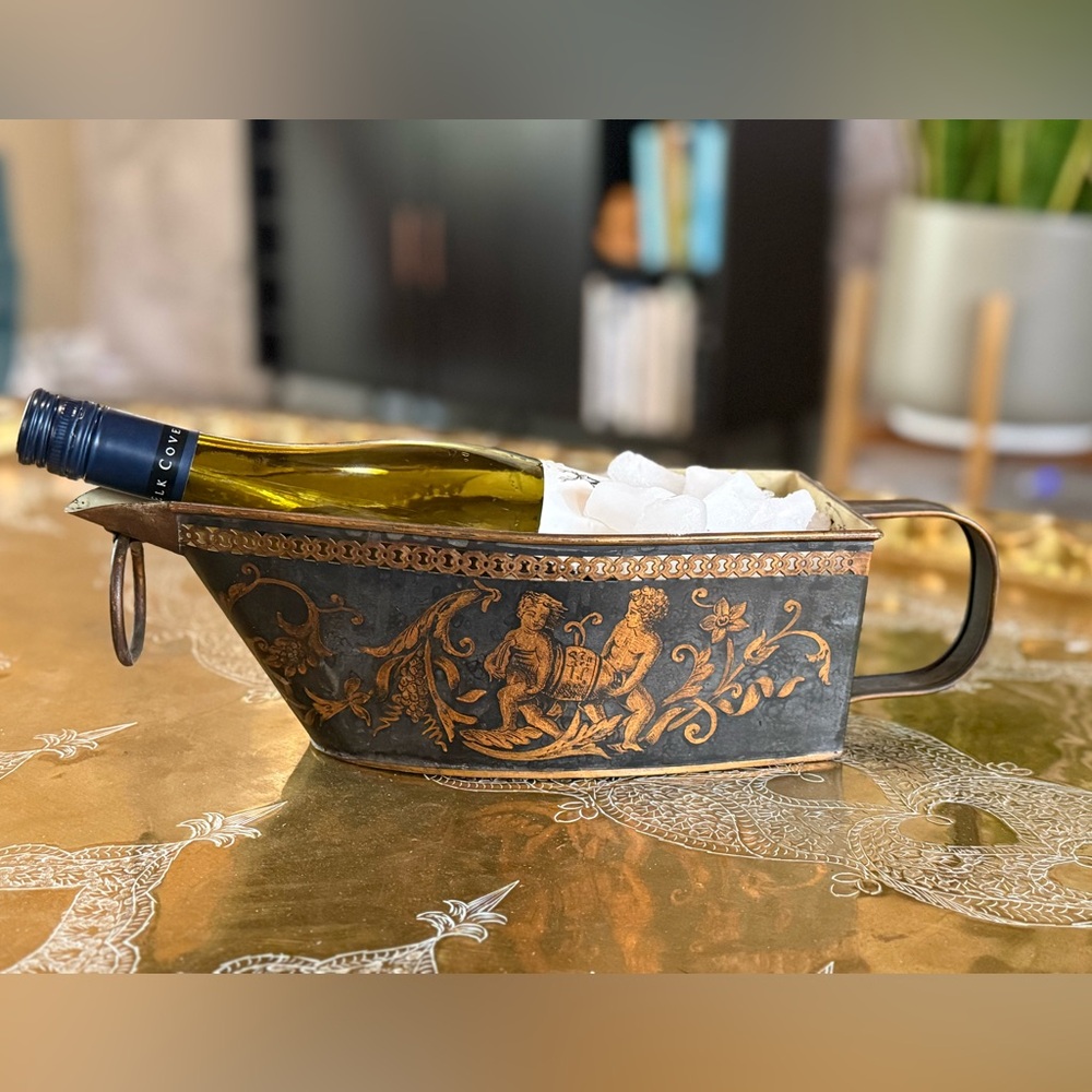 Vintage Wine Cooler toleware with Gold Accents - Black & Gold. Made in France